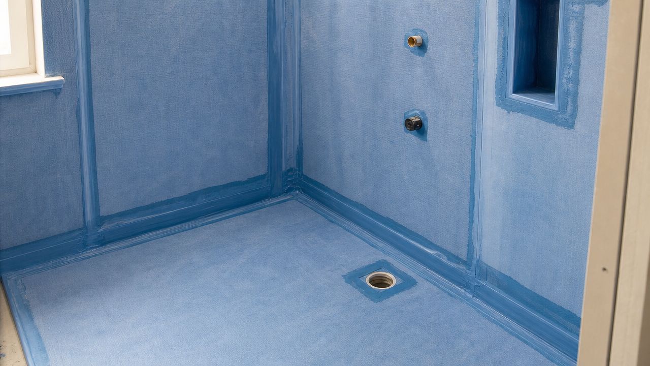 En brusekabine under renovering, der er blevet tætnet med vandtæt blå membran på vægge og gulv.