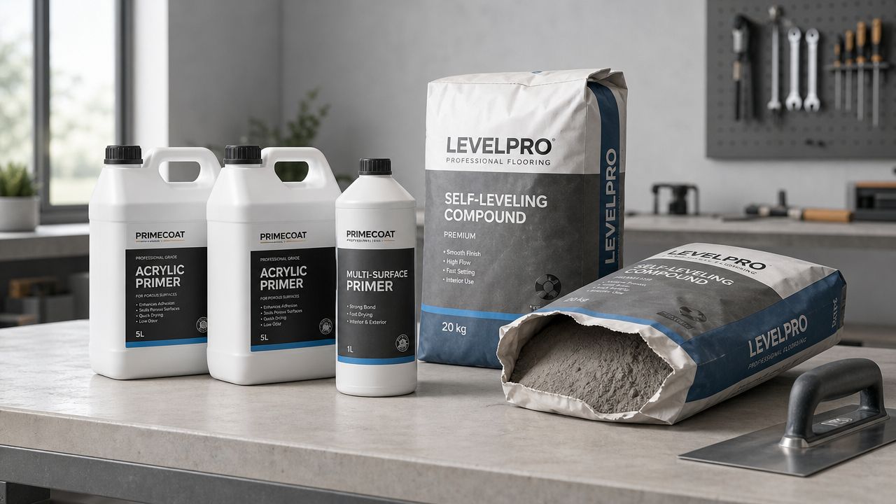 Et udvalg af professionelle PRIMECOAT primere og LEVELPRO flydespartel til gulvopgaver placeret på en arbejdsbord.