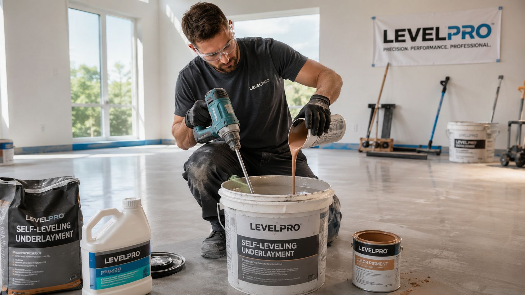 En professionel håndværker blander selvudjævnende gulvspartelmasse med farvepigment i en hvid spand med LevelPro-logo.