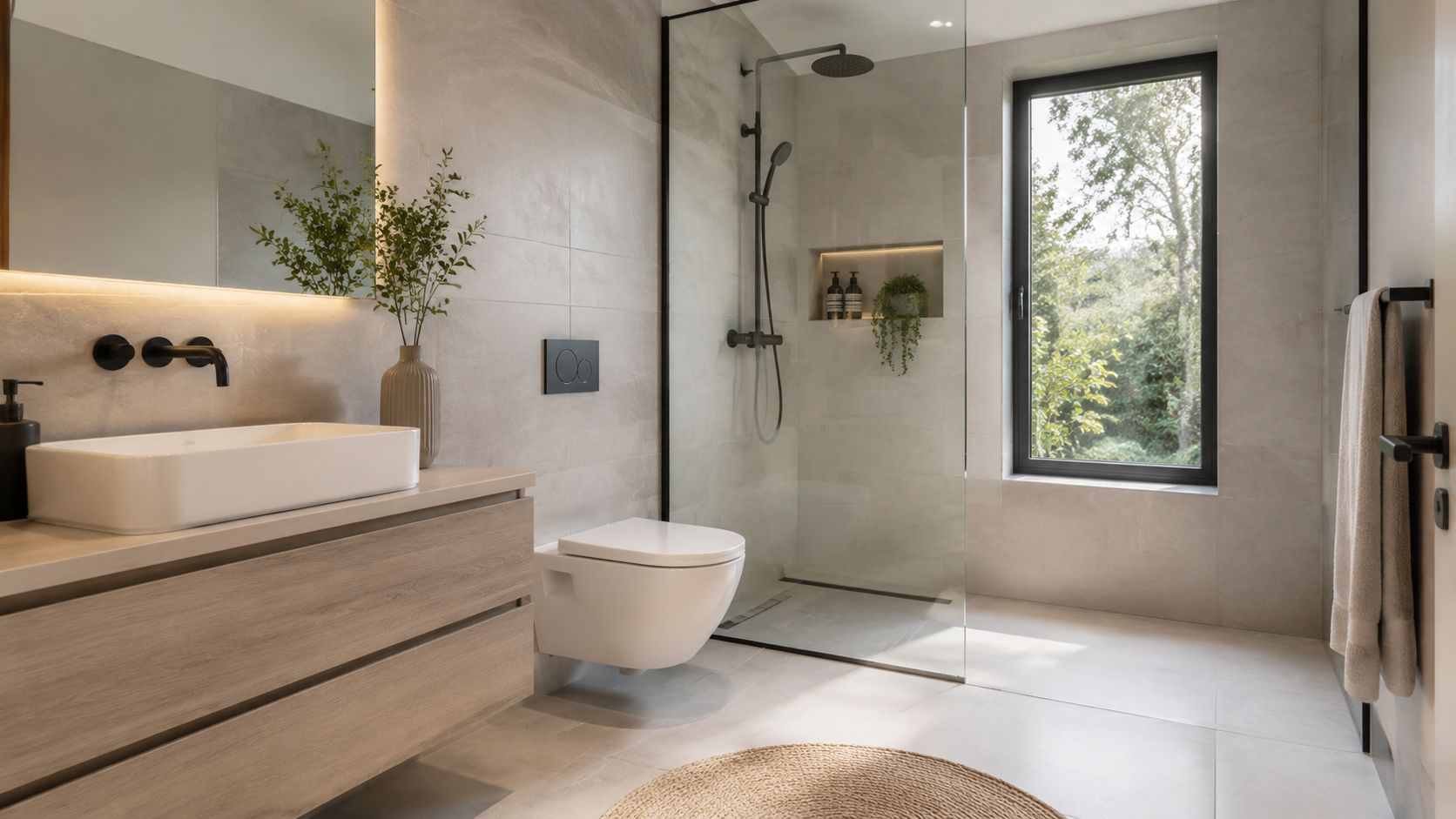 Et moderne minimalistisk badeværelse med træskab, væghængt toilet, glasbruseniche og et stort vindue med udsigt til haven.