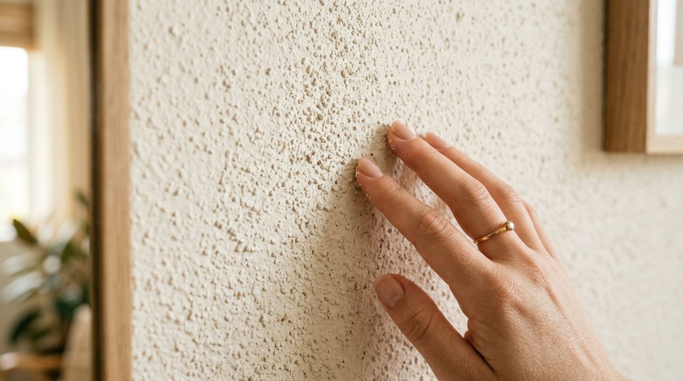 En hånd med en guldring rører ved en væg med tydelig og grov strukturmaling i beige.