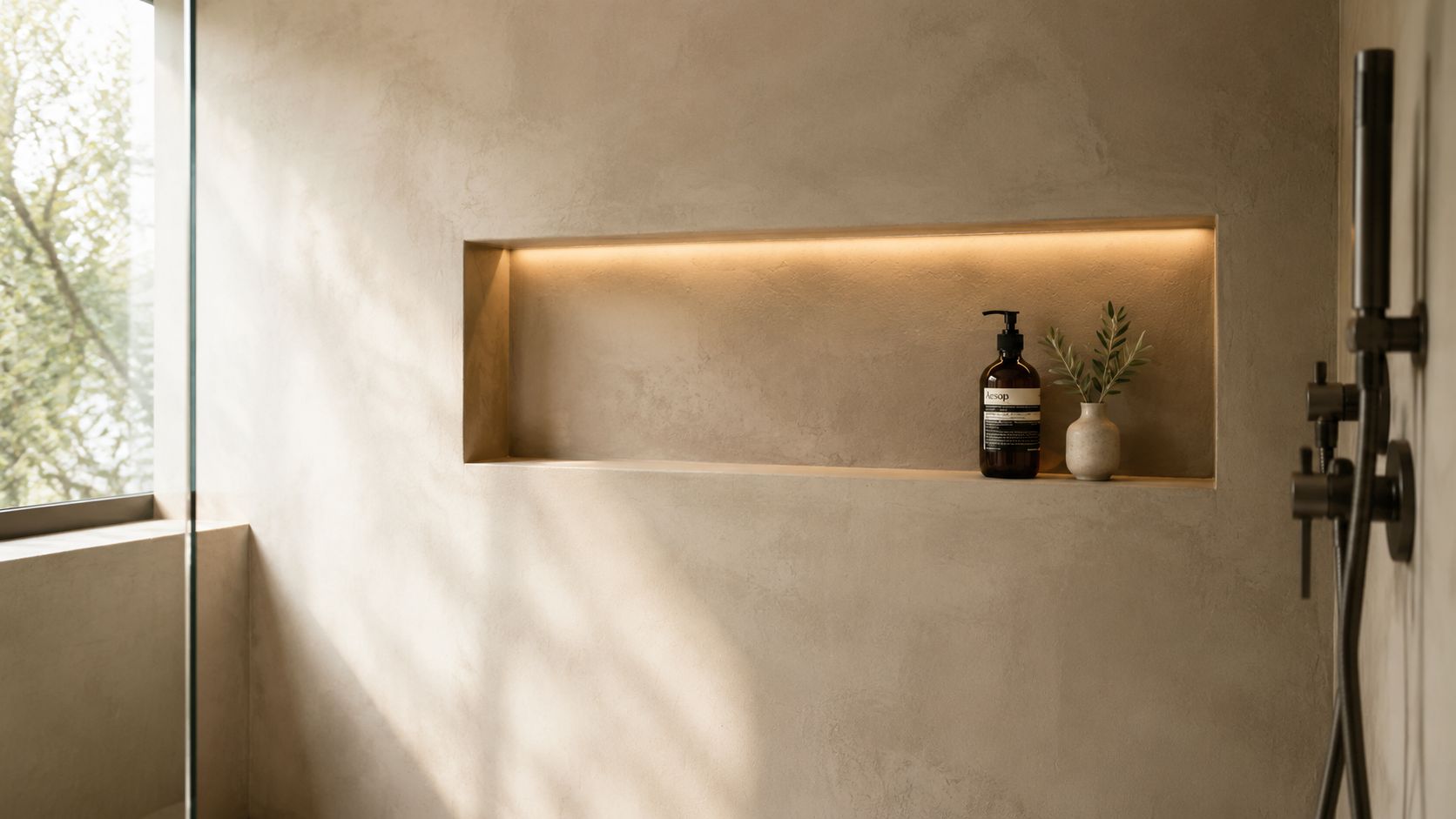 En elegant bruseniche uden fliser med vægmonterede hylder og indbygget varm belysning i et minimalistisk badeværelsesdesign.
