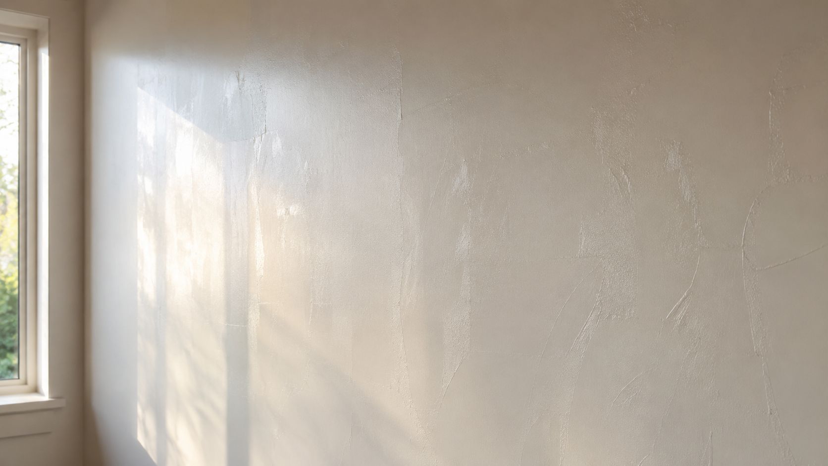 En beige væg med en moderne og dekorativ maleteknik, der skaber et levende og tekstureret udseende.