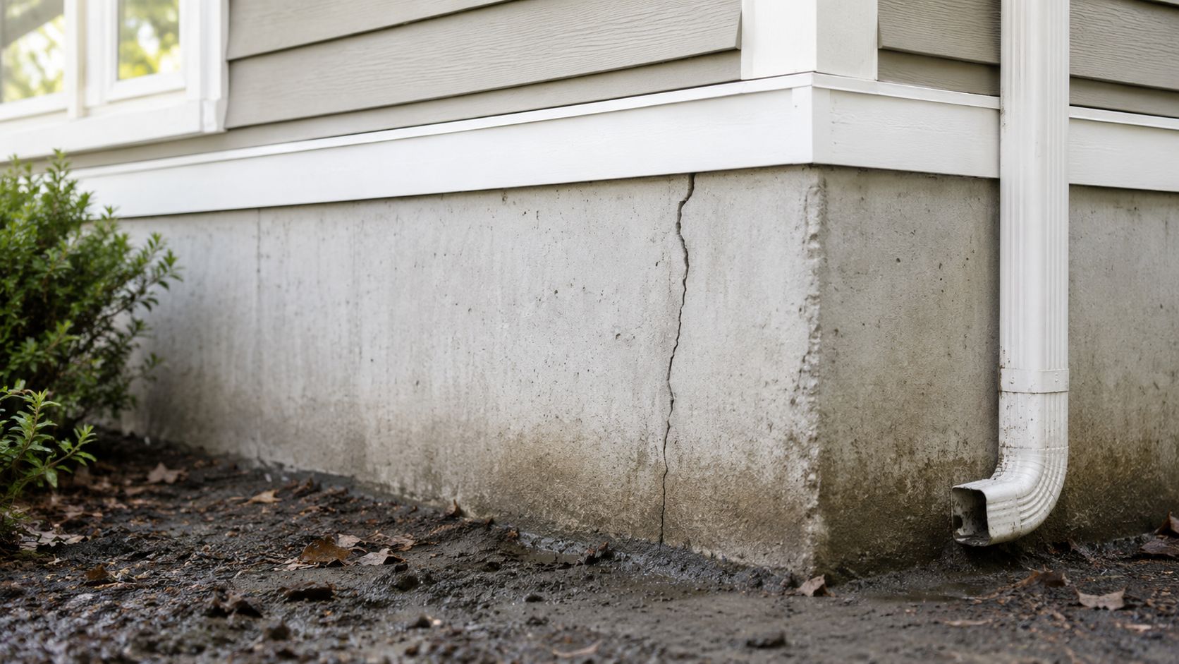 En synlig revne i et betonfundament på et hus omgivet af våd og mudret jord.