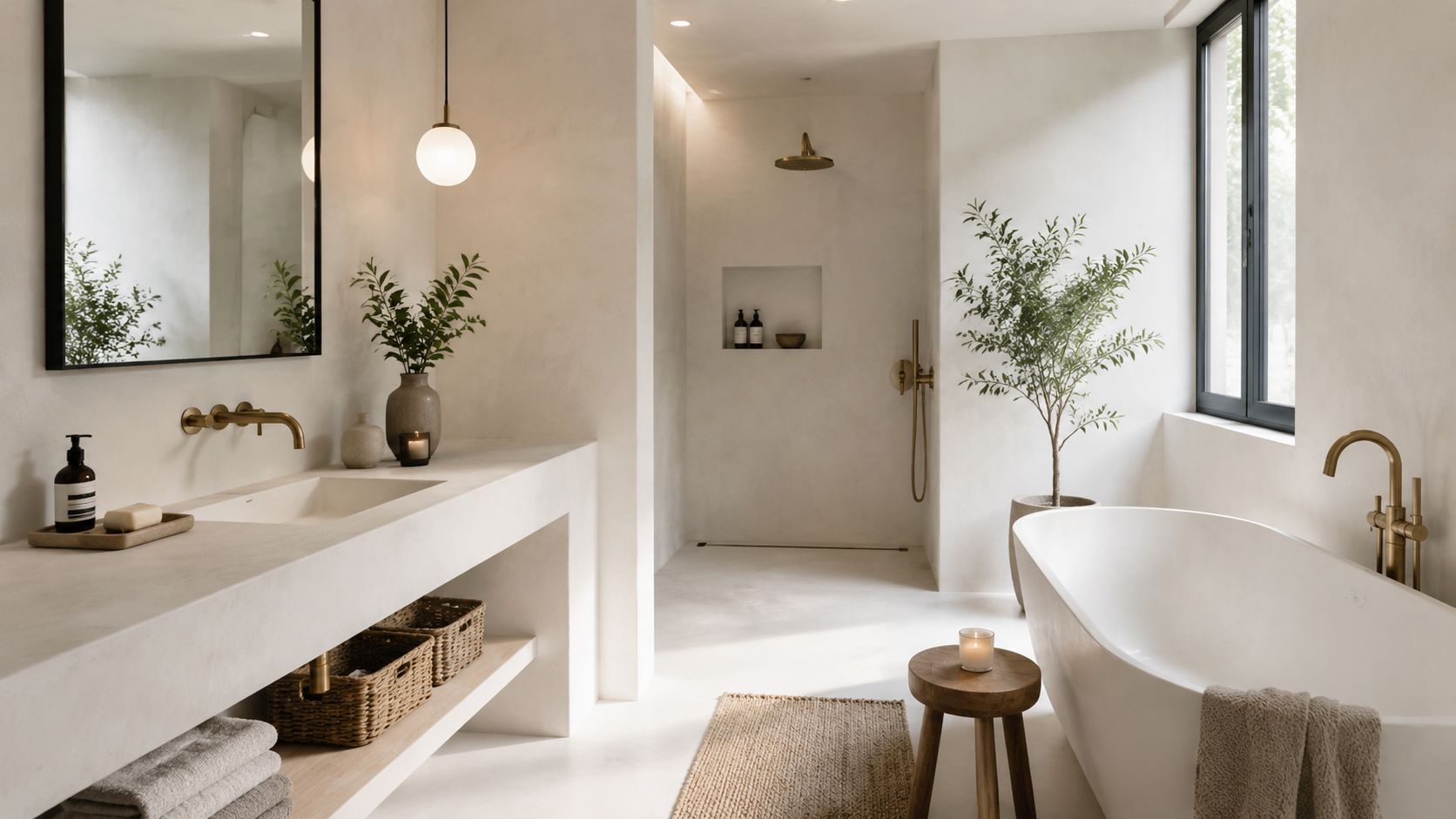 Et moderne, minimalistisk badeværelse med hvide vægge i microcement, fritstående badekar og naturlige indretningselementer i træ.