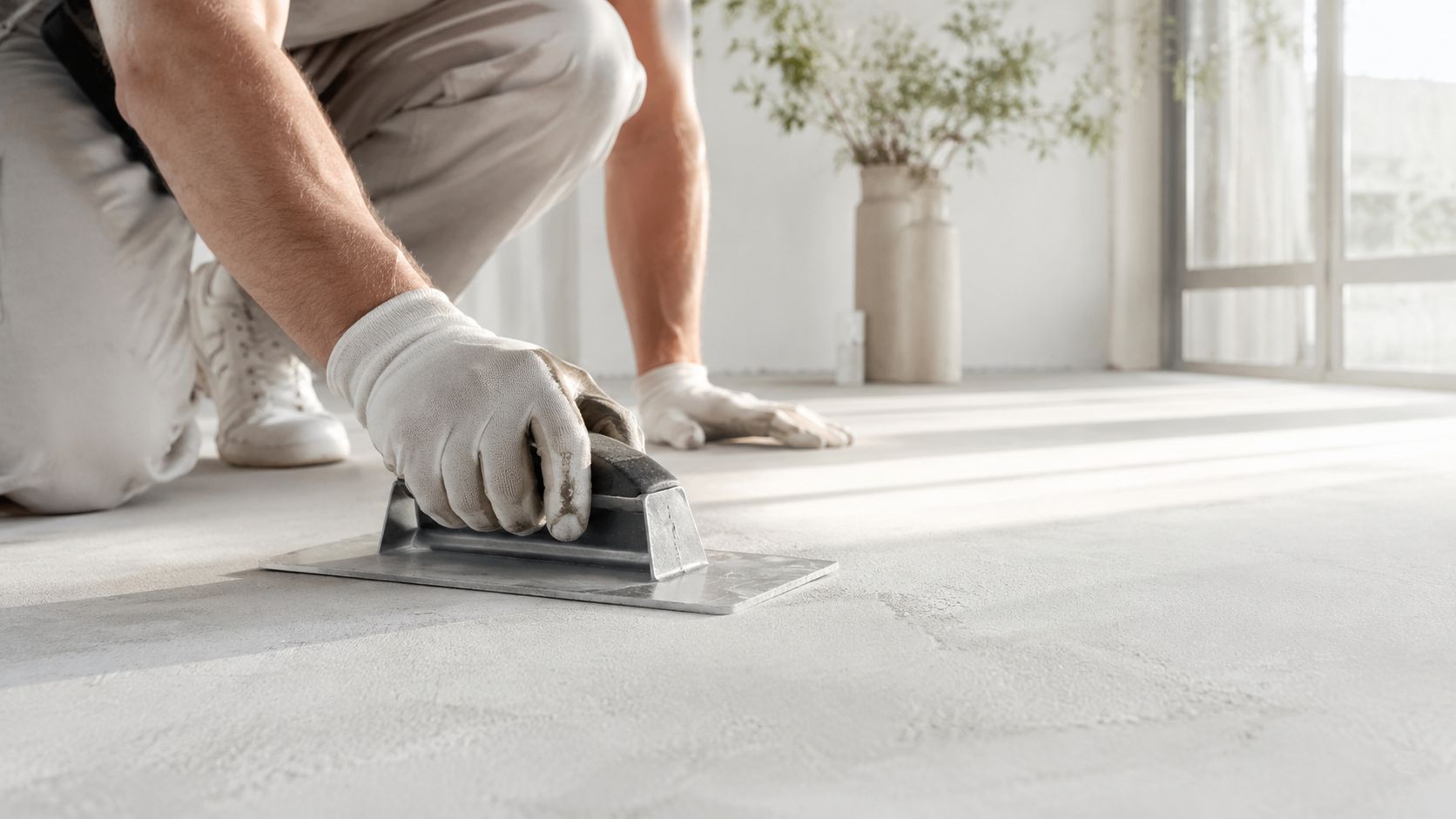 Håndværker på knæ, der lægger hvidt microcement på et gulv med et metalpudsebræt for en jævn overflade.