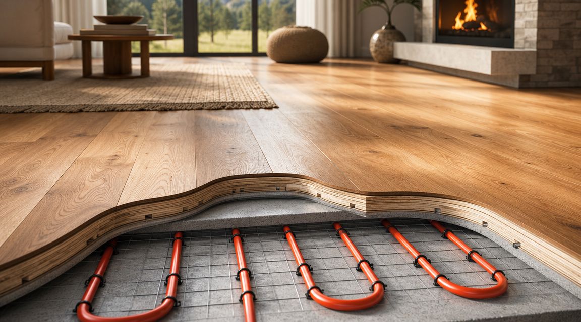 Tværsnit af et moderne trægulv monteret ovenpå et gulvvarme-system med røde varmerør i beton.