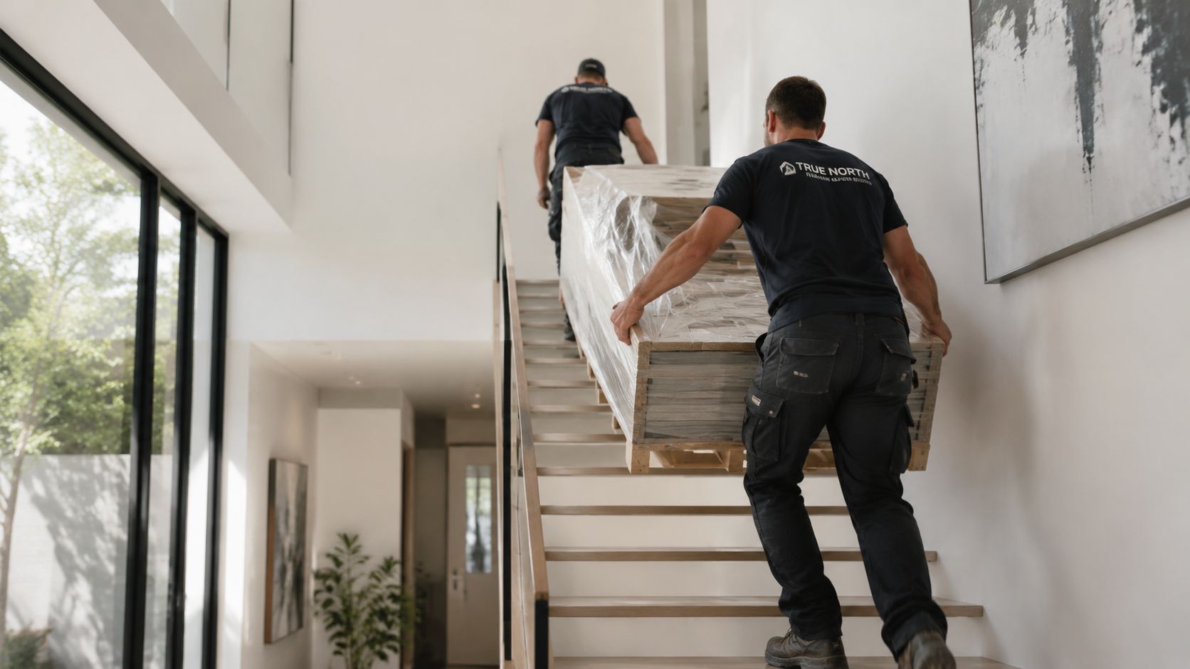 To professionelle flyttemænd bærer et stort møbel op ad en moderne trappe i et lyst hjem.
