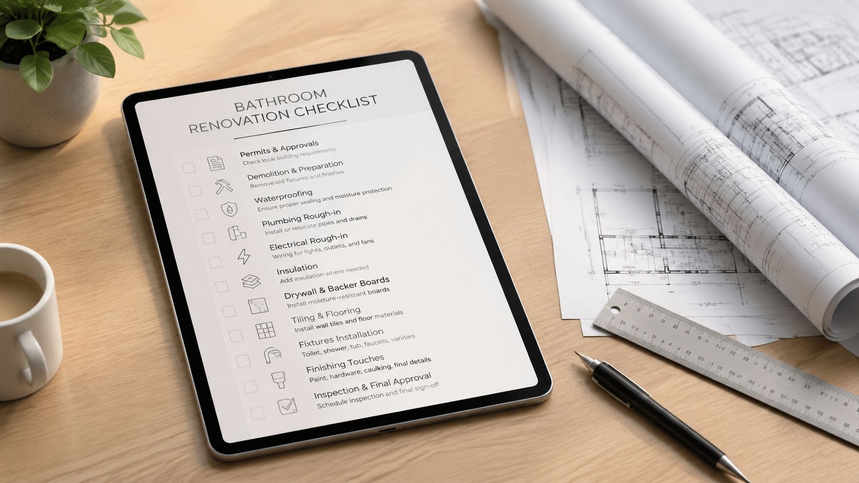 En tablet med en tjekliste til renovering af badeværelse placeret på et skrivebord med plantegninger.