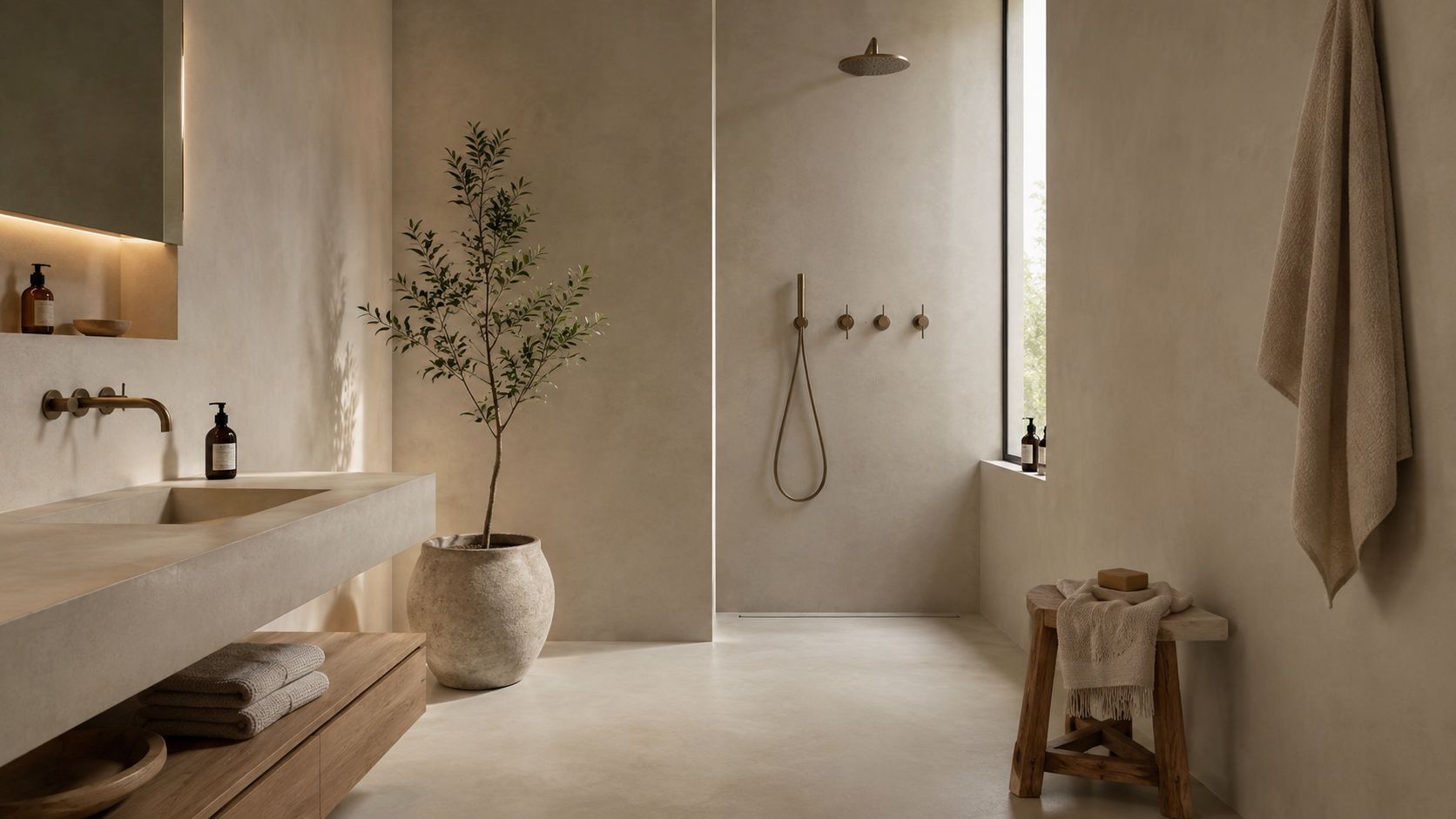 Et minimalistisk badeværelse i beige nuancer med en indbygget vask, et oliventræ og moderne bronzearmaturer.
