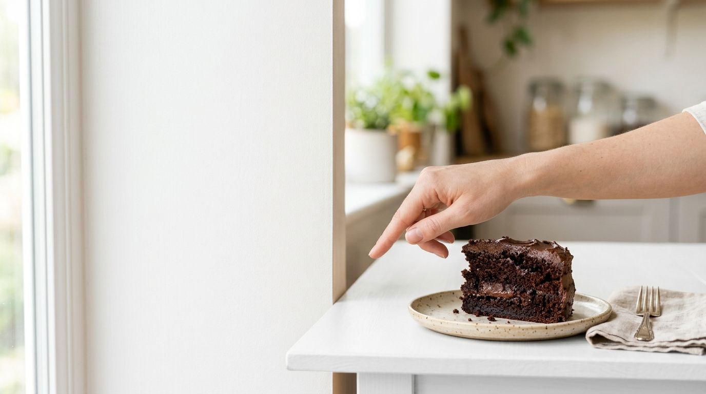 En hånd rækker ud efter et stykke lækker chokoladekage på en hvid tallerken ved et bord