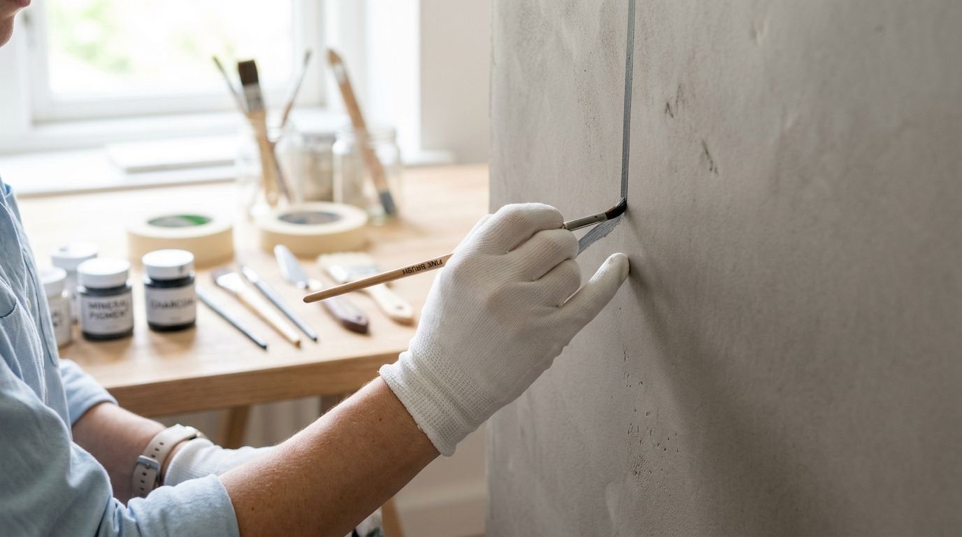 En person med hvide handsker maler en præcis grå streg på en væg med en fin pensel.