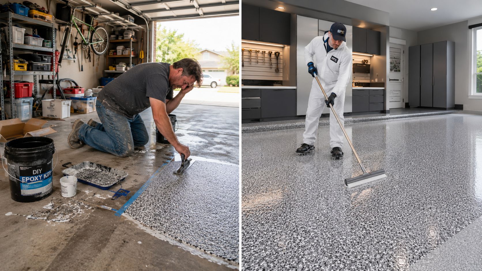 En sammenligning af gør-det-selv epoxy gulvbelægning og professionel installation i en garage.