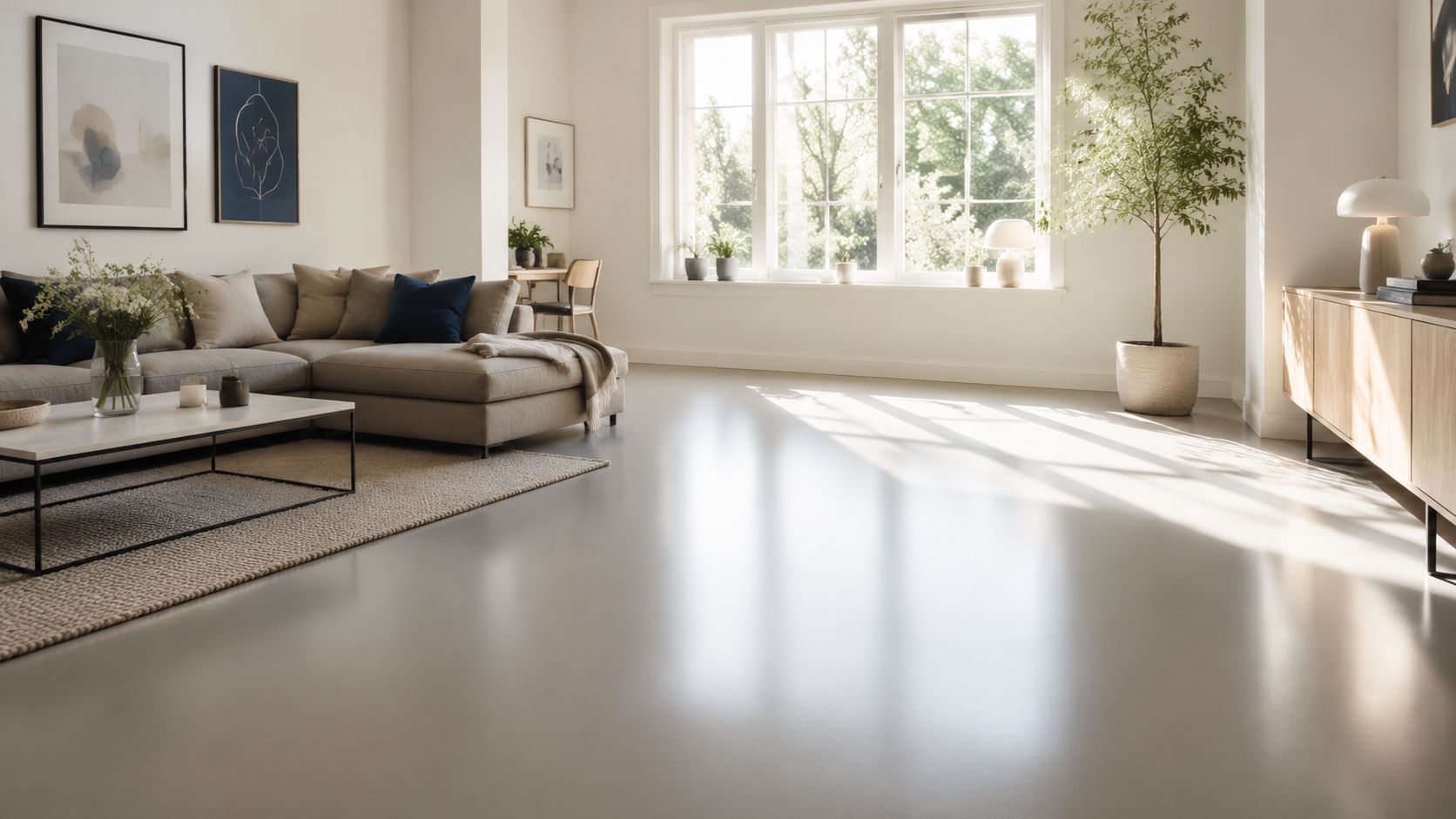 En lys og moderne stue med minimalistisk indretning, store vinduer og et flot, glat gråt gulv.
