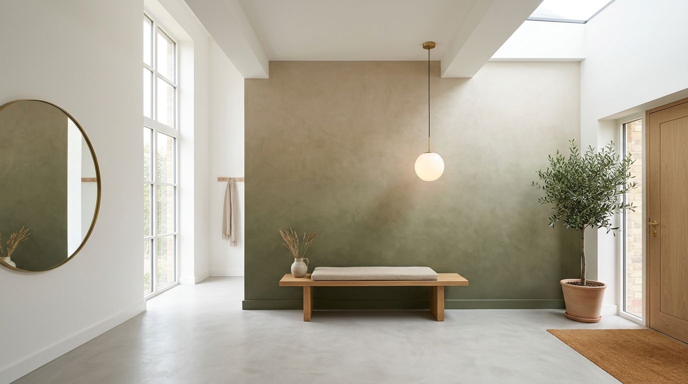 En minimalistisk entre med en smuk ombre-malet væg i nuancer af beige og grøn, bænken er i træ.