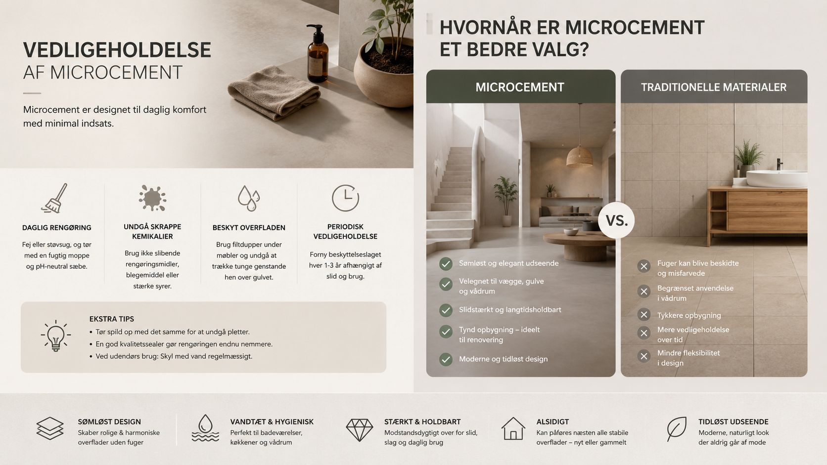 En sammenligningsgrafik der viser fordele ved microcement fremfor traditionelle materialer samt tips til vedligeholdelse af overflader.