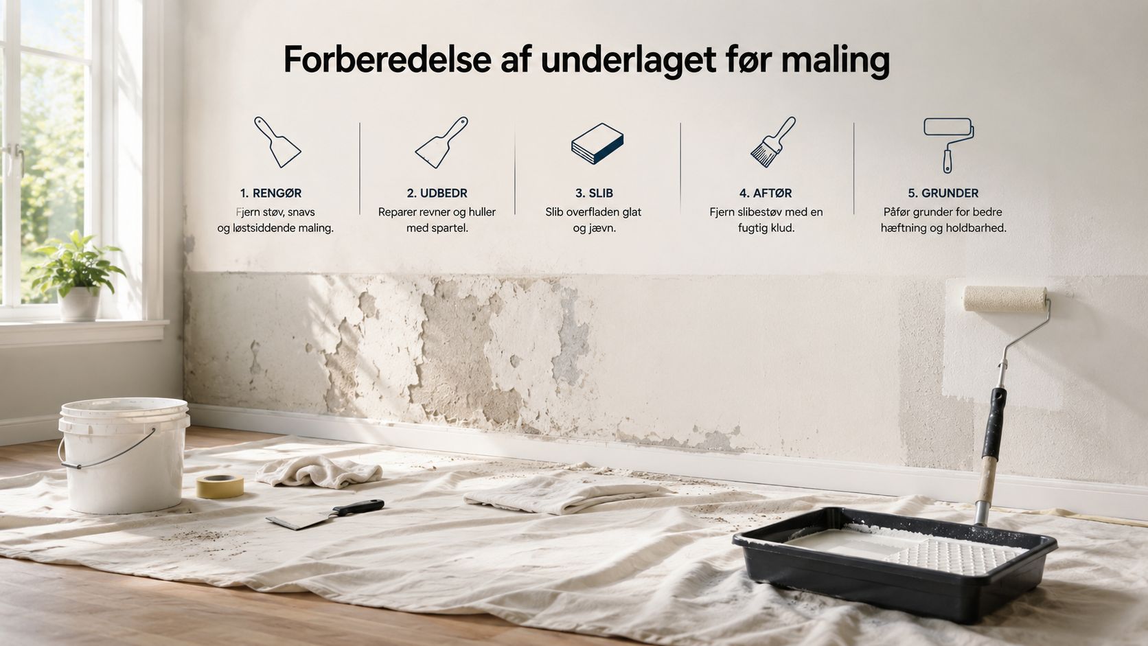 En guide i fem trin til forberedelse af vægoverflader før maling med værktøjer og instruktioner.