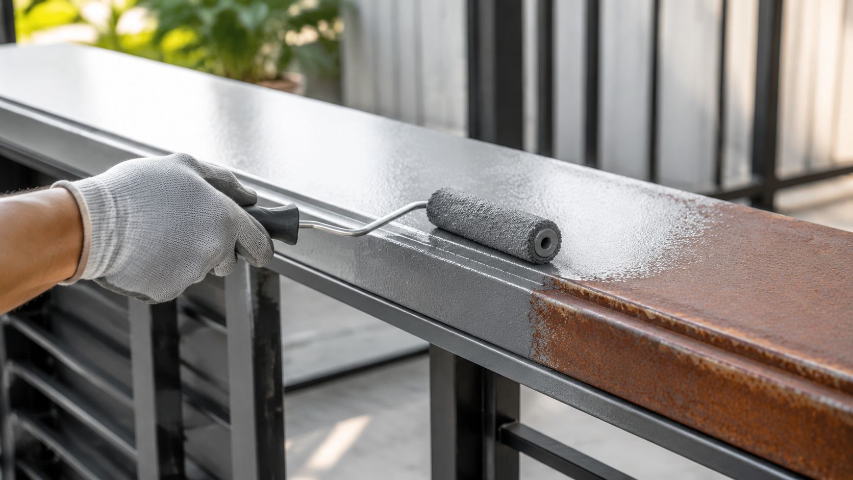 En hånd i en grå arbejdshandske maler en rusten metaloverflade med en lille malerrulle i grå farve.