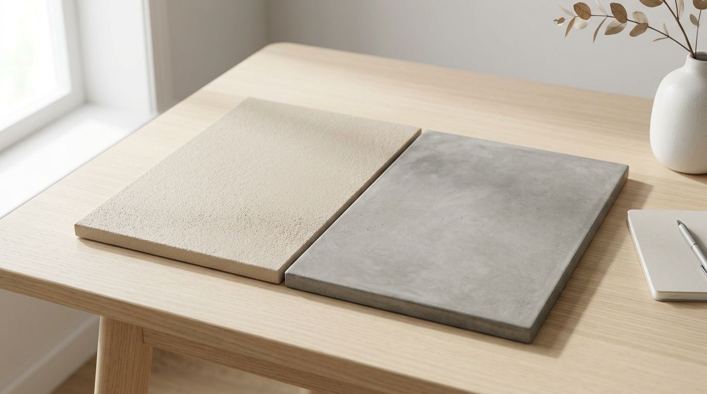 To rektangulære prøver af overfladebehandling, den ene med sandkornstekstur og den anden i glat, grå betonfinish.