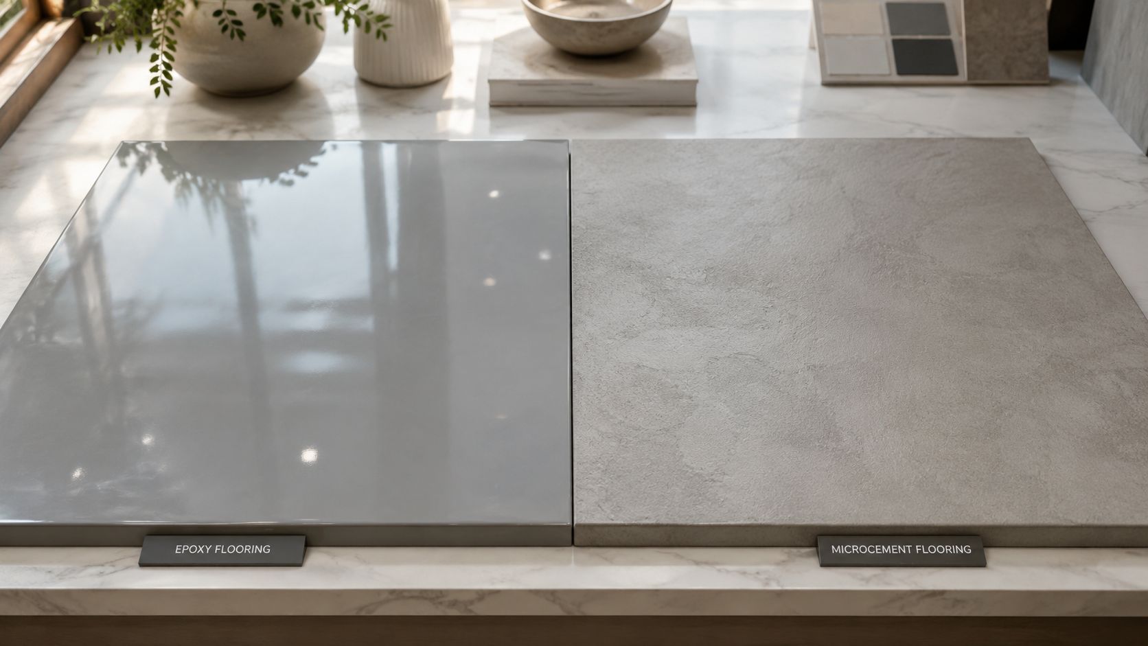 To prøver på gulvbelægning, en blank epoxy-overflade ved siden af en mat, tekstureret microcement-overflade på en bordplade.