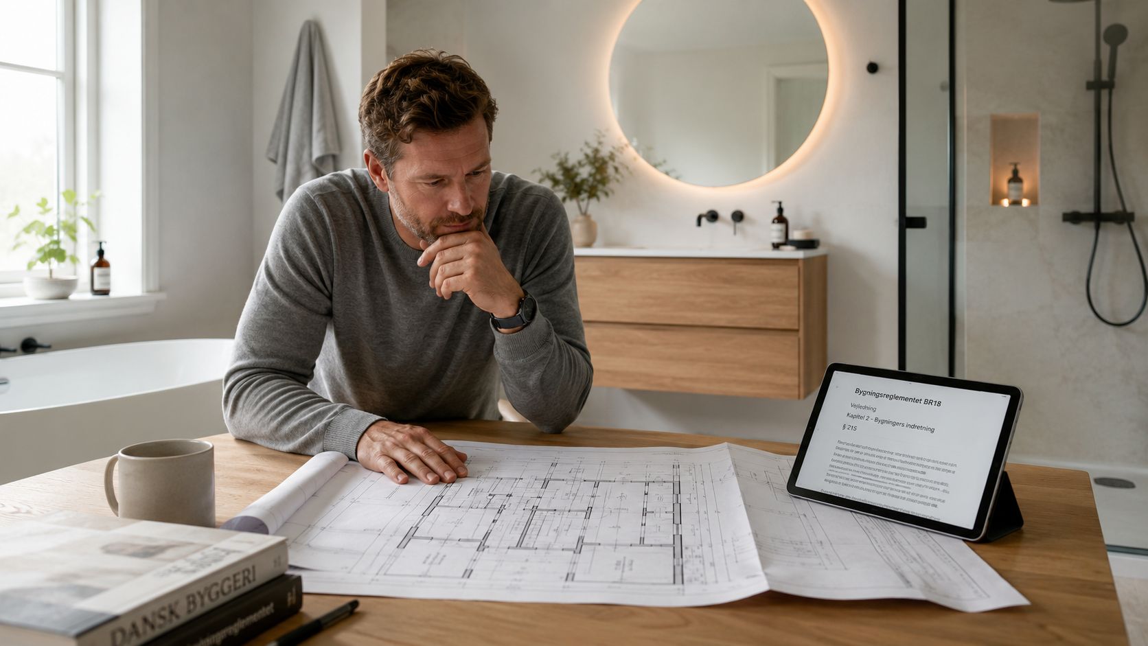 Mand sidder ved et bord og studerer plantegninger og byggereglement på en tablet til badeværelsesrenovering.