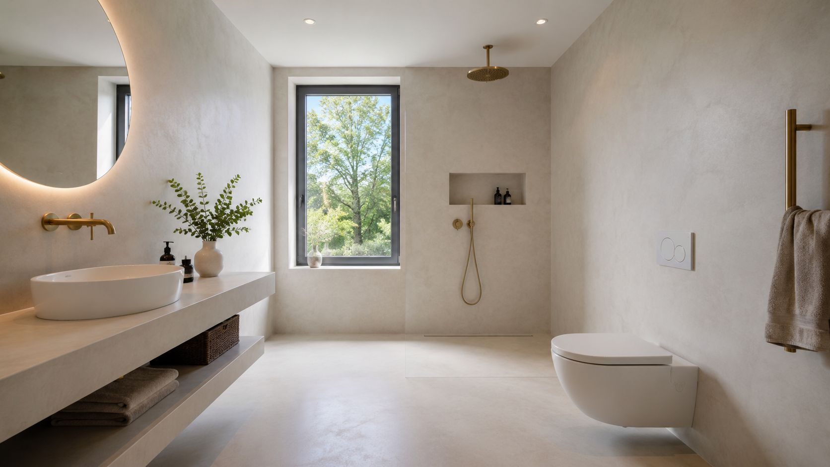 Moderne badeværelse i minimalistisk stil med beige vægge, stor vask, bruseområde og indbygget toilet ved vinduet.