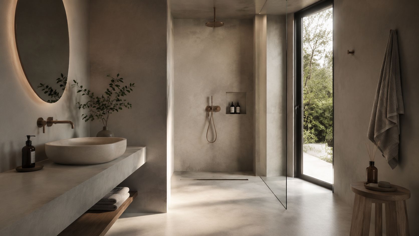 Et moderne badeværelse med minimalistisk design, naturmaterialer, en stor vask og en elegant bruseafdeling med stort glasparti.