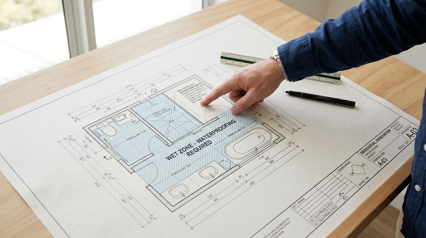 En person peger på en tegning af et badeværelse, der illustrerer krav til vådrumsmembran og renovering.