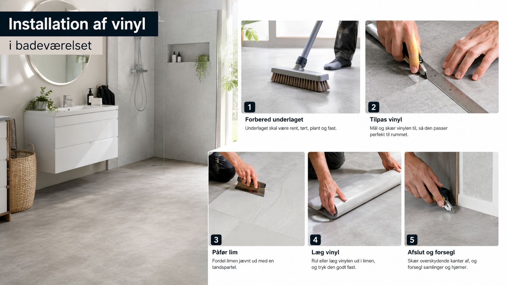 Trin-for-trin guide til korrekt installation af vinylgulv i et moderne badeværelse for et holdbart resultat.