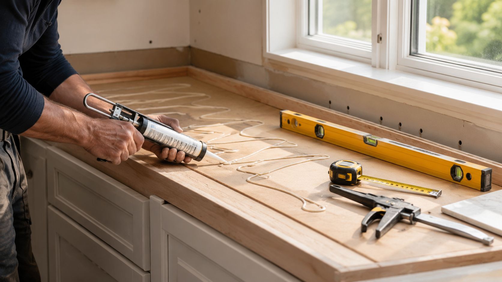 En håndværker påfører lim fra en fugepistol på en køkkenbordplade under en køkkenrenovering ved vinduet.