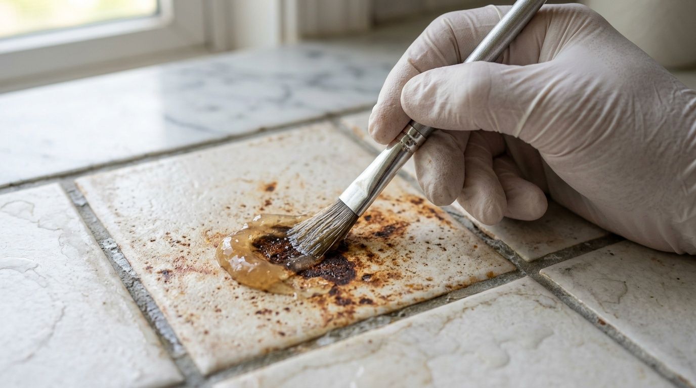 En person med handsker bruger en pensel til at påføre et rensemiddel på rustpletter på badeværelsesfliser.