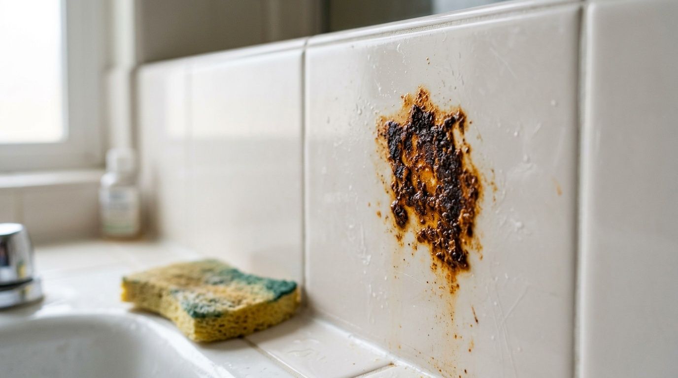 Nærbillede af en hvid flisevæg på badeværelset med en tydelig brun plet af rust og en svamp.
