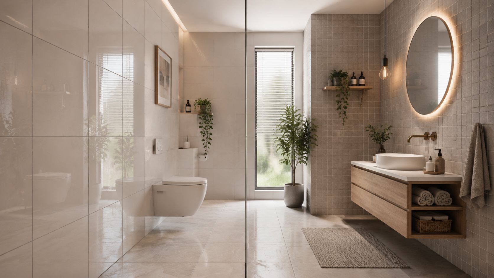 Moderne badeværelse med fliser, væghængt toilet, træskab og elegant belysning, der skaber en rolig og afslappende atmosfære.