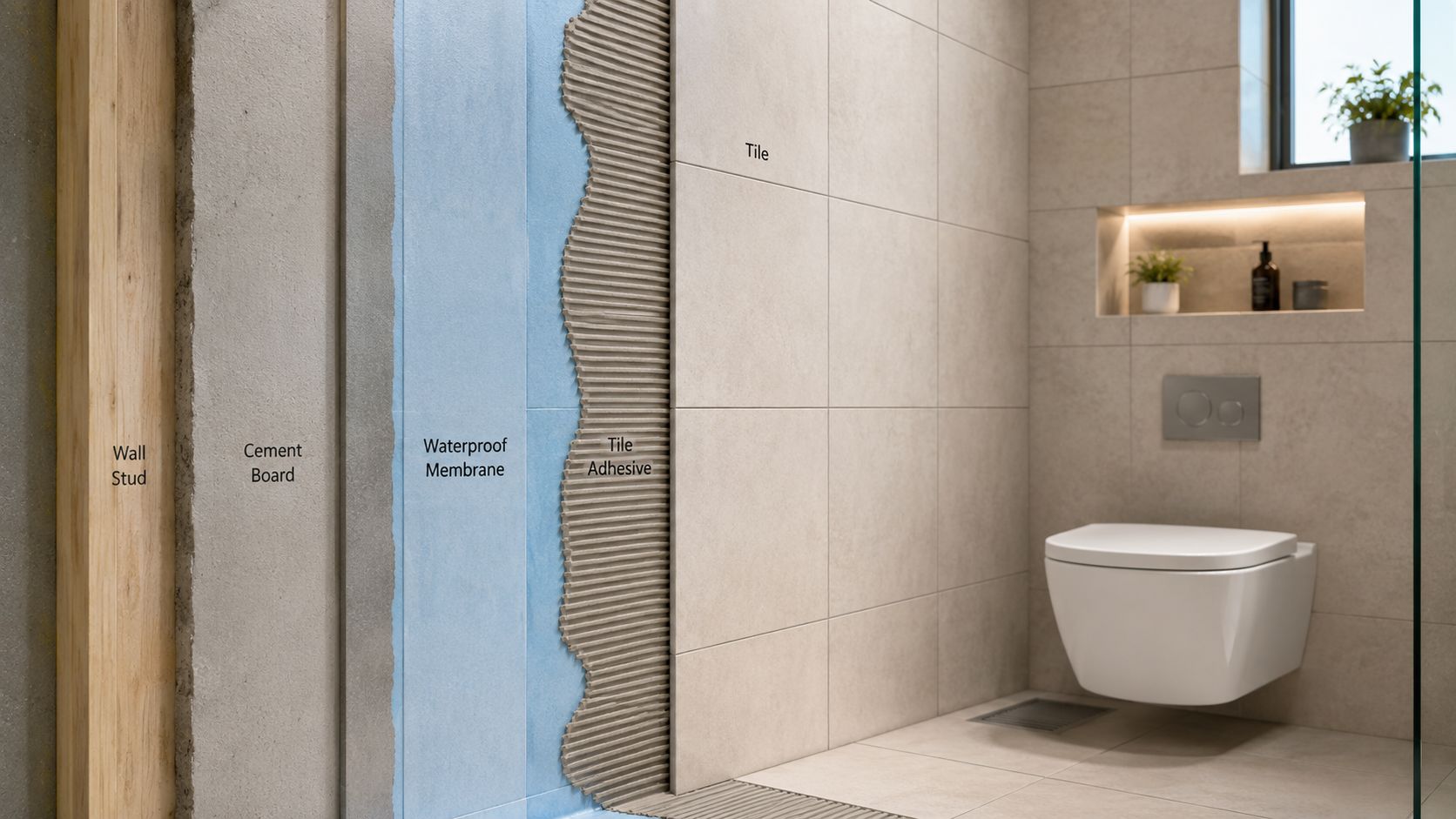 Tværsnit af en vægkonstruktion bag et moderne væghængt toilet, der viser lag af isolering og fliseopsætning.