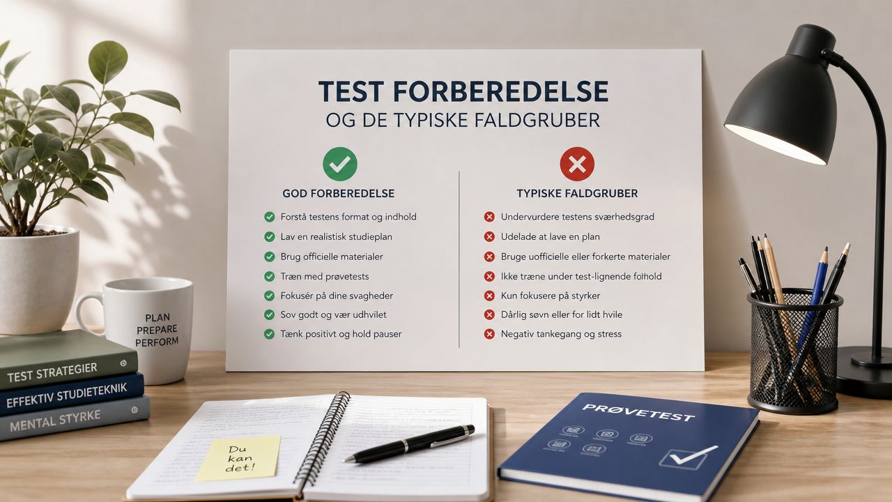 Plakat med gode råd til testforberedelse og typiske faldgruber placeret på et skrivebord med studiematerialer.