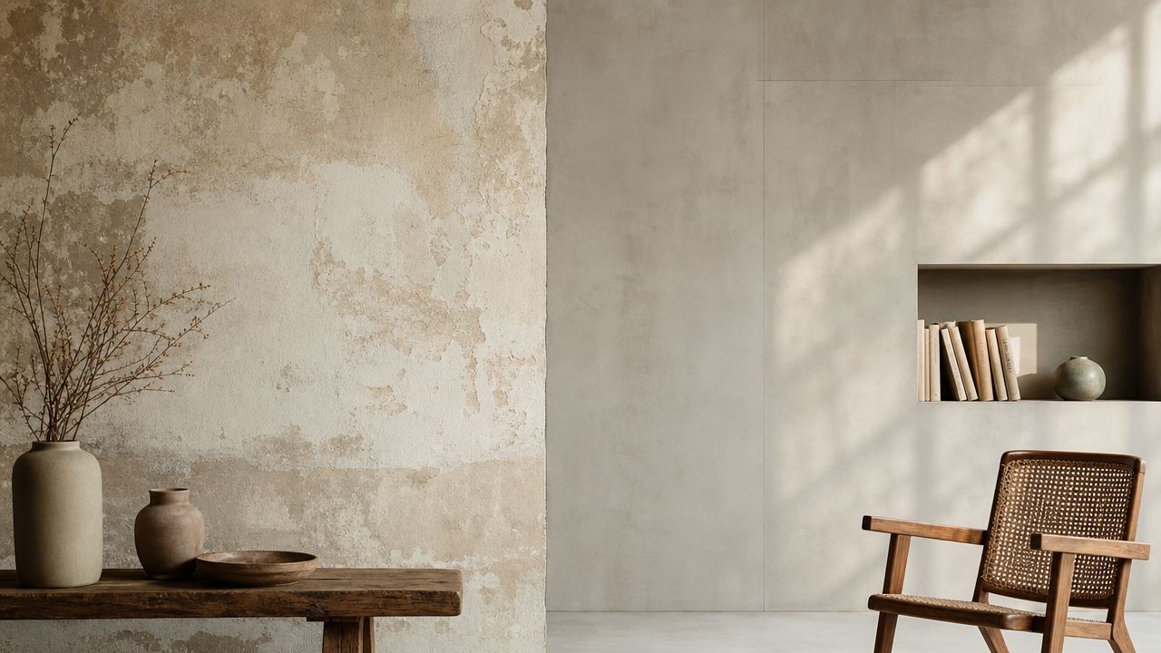 En minimalistisk stue med vintage kalkmaling vægge, en træbænk, dekorative vaser og en elegant træstol i flet.