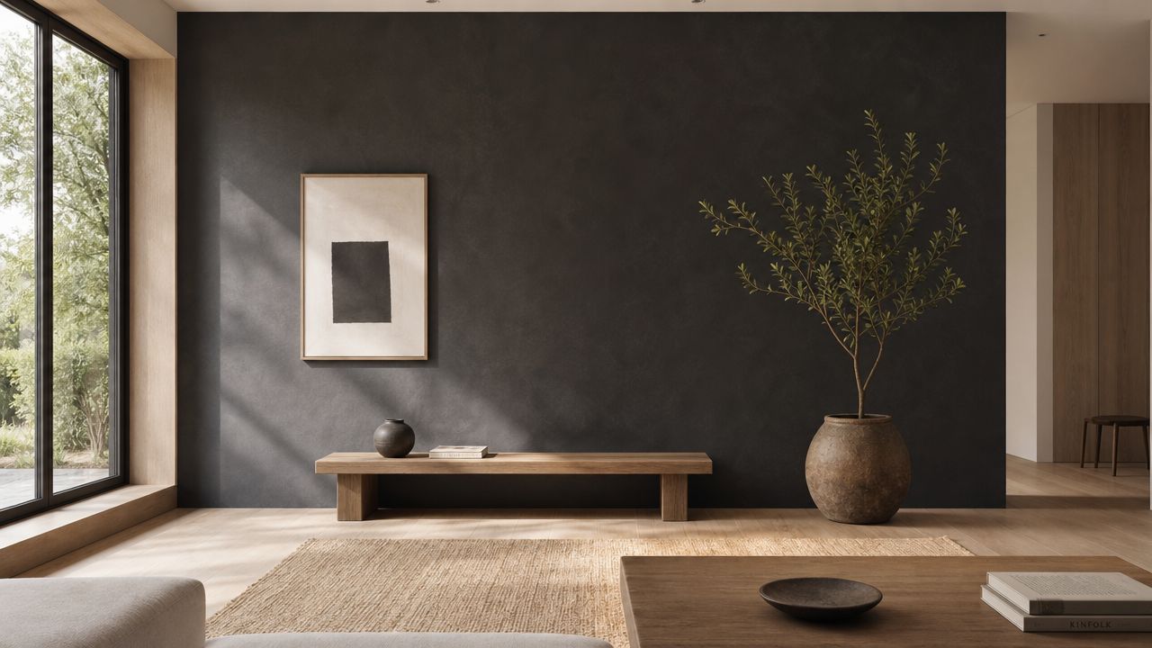 Moderne stue med mørk væg, træbænk, potteplante og minimalistisk indretning i et lyst skandinavisk hjem.