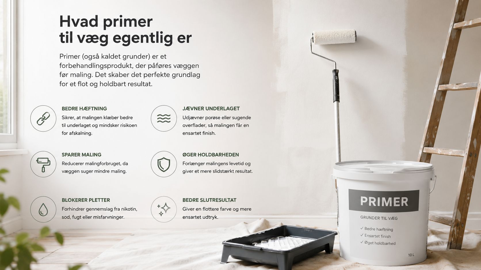 En infografik der forklarer fordelene ved at bruge primer eller grunder på væggen før malerarbejdet påbegyndes.