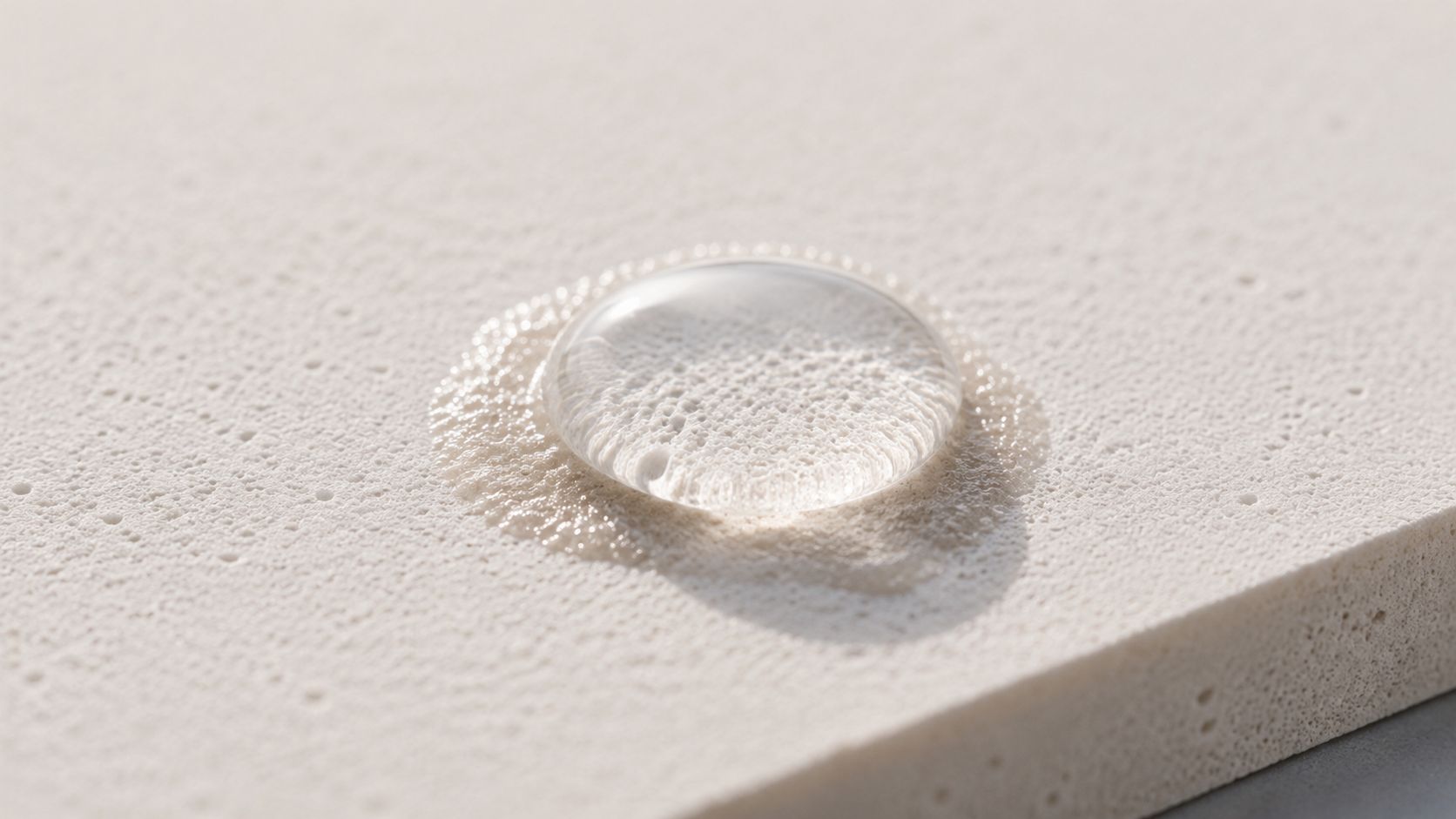 En klar vanddråbe på en tekstureret overflade, der illustrerer absorberingsevne og væskeafvisende egenskaber i et materiale.