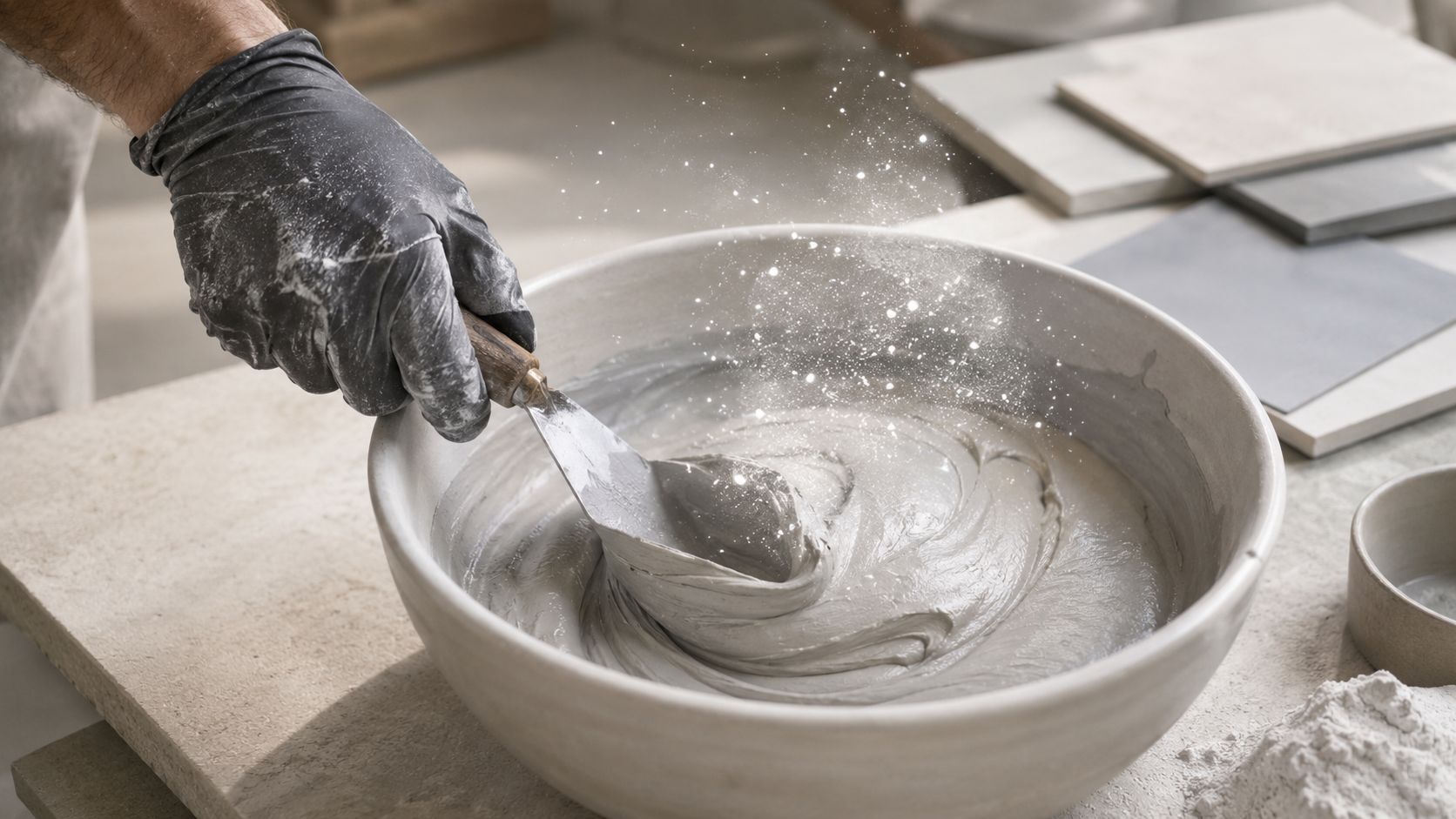 En hånd med en arbejdshandske blander grå cement eller puds med en spartel i en keramikskål.
