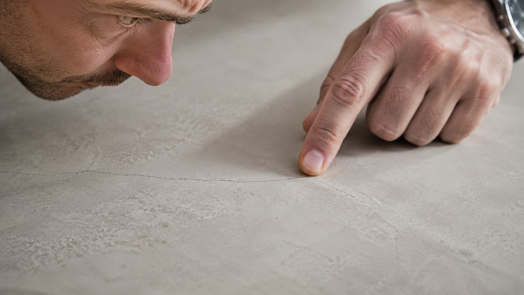 En mand inspicerer en revne i et betongulv med sin finger for at vurdere skadens omfang.