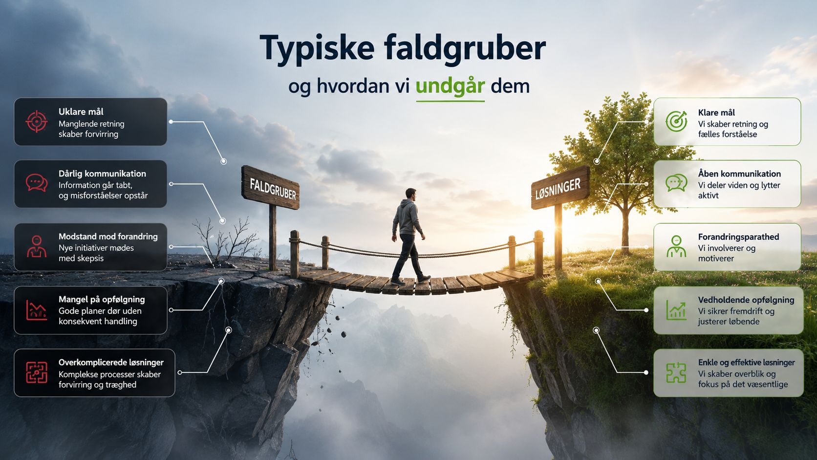 Illustration af udfordringer og løsninger vist som en person, der går over en bro mellem to klipper.