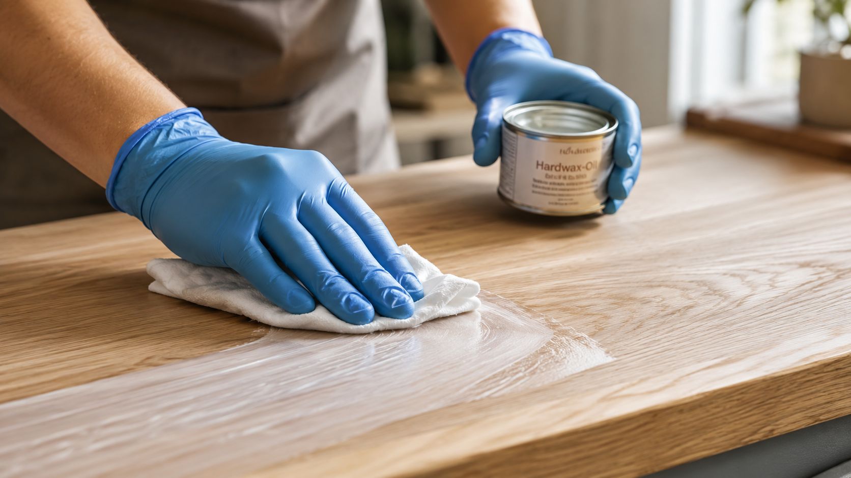 Person med blå handsker, der påfører hvidpigmenteret olie på en træbordplade med en klud for vedligeholdelse.
