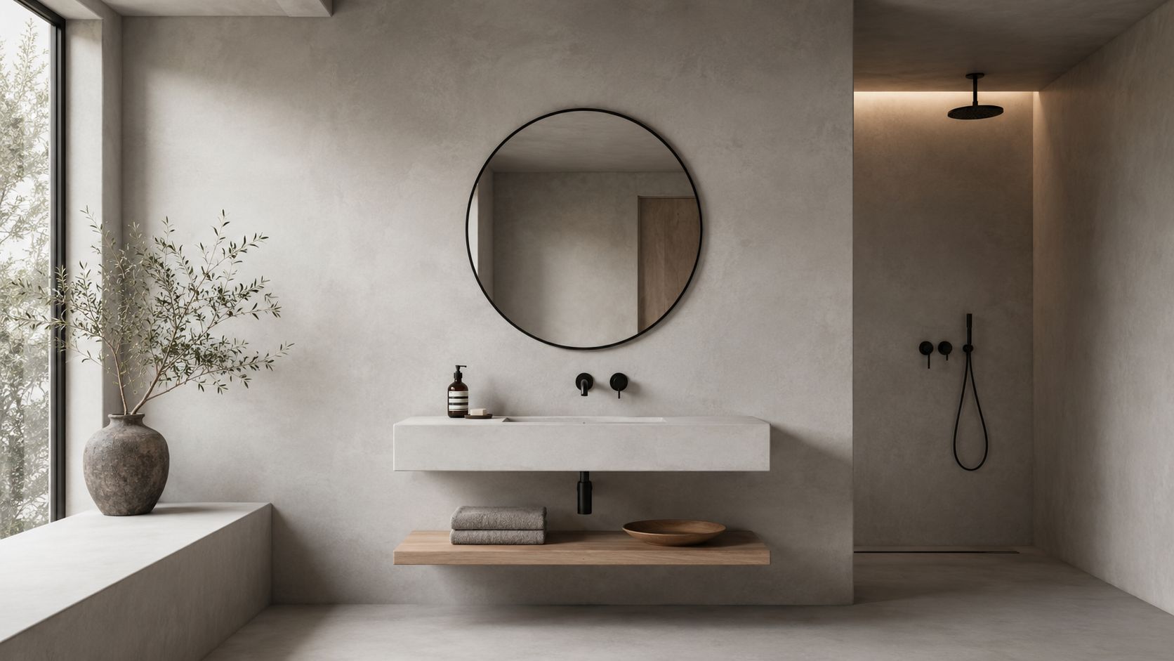 Et moderne badeværelse med minimalistisk design, cirkulært spejl, flydende vask, træhylde og naturlige jordfarver i interiøret.