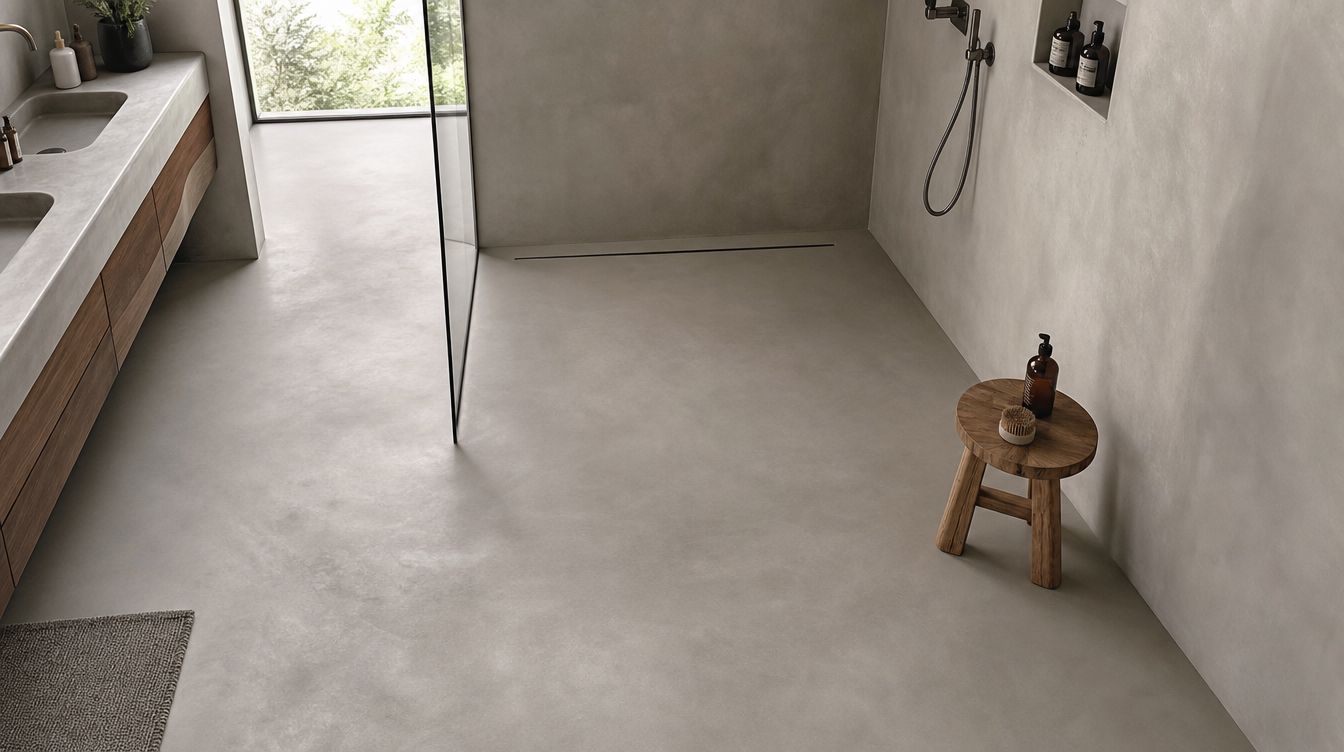 Moderne badeværelse med betonlook, glasbruserkabine, træmøbler og minimalistisk indretning til inspiration for boligforbedring og renovering.