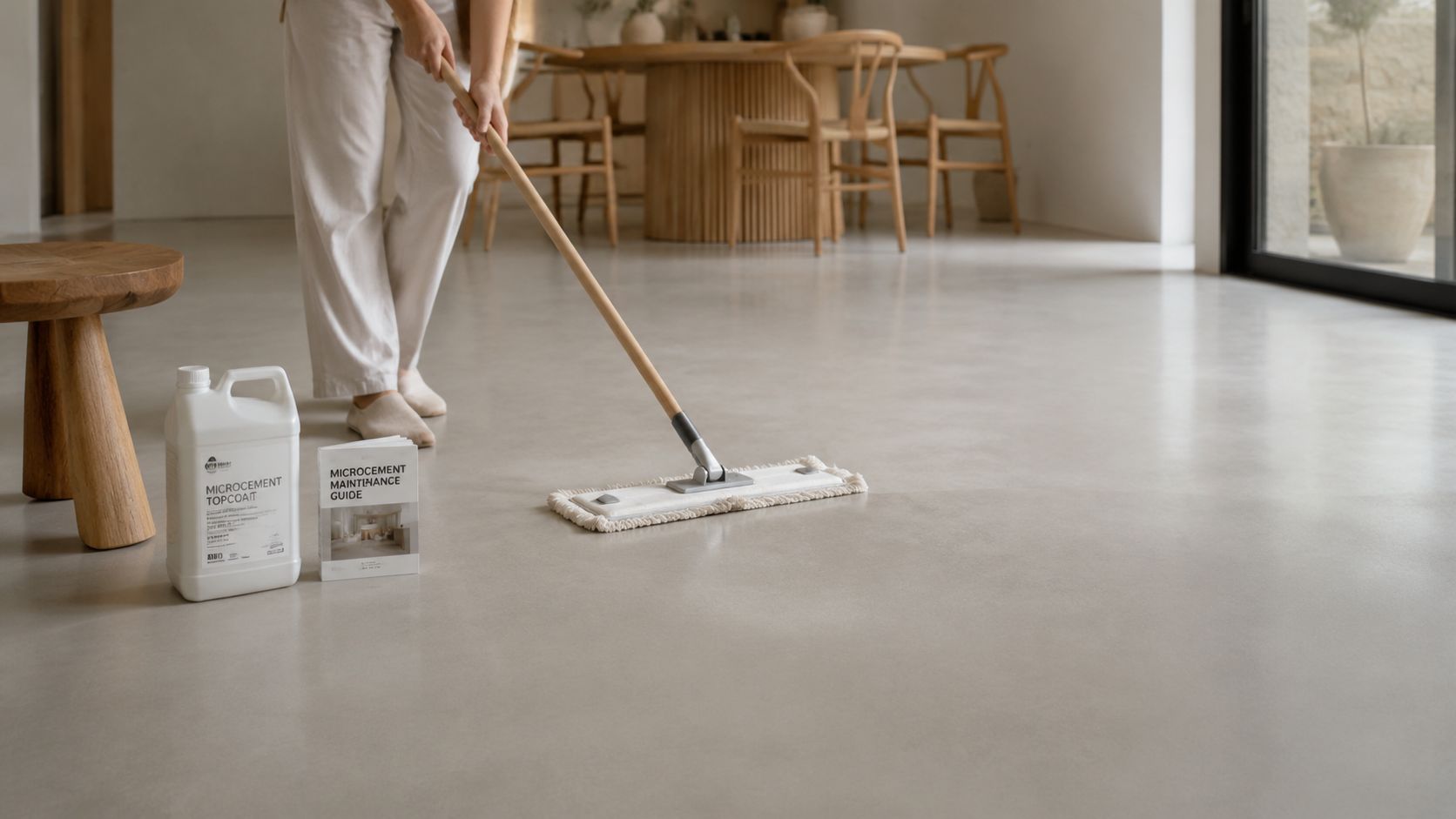 En person vasker et glat, moderne mikrocementgulv med en fladmoppe ved siden af en flaske topcoat.