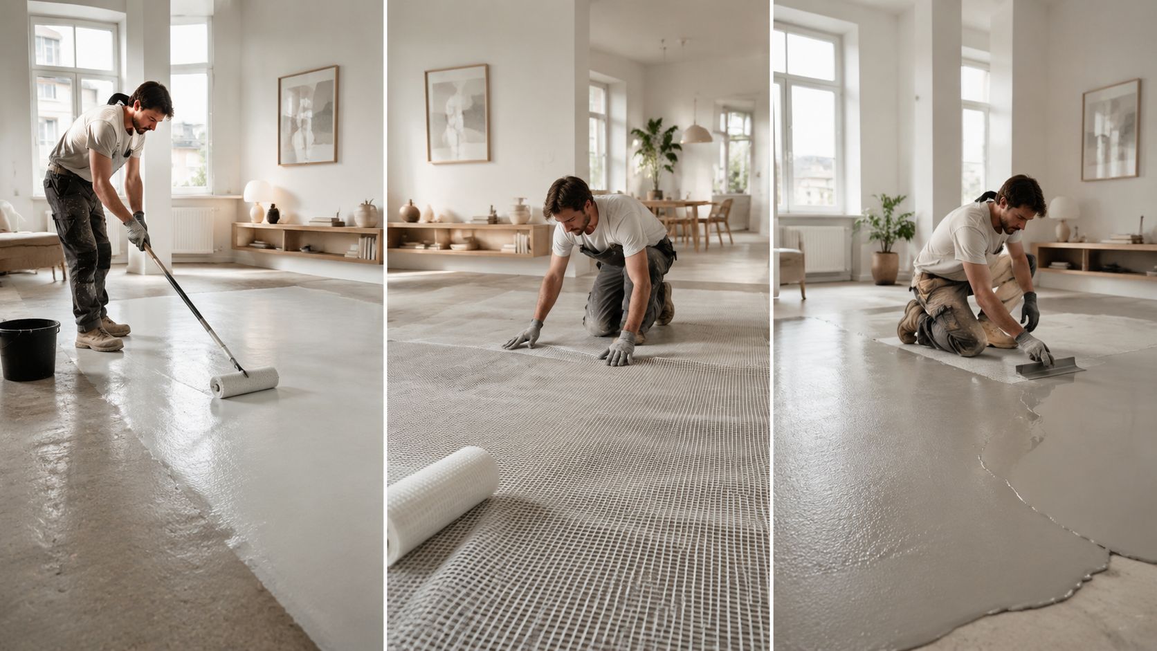 En håndværker er i gang med professionel gulvrenovering i en lys lejlighed ved at påføre flydemasse.