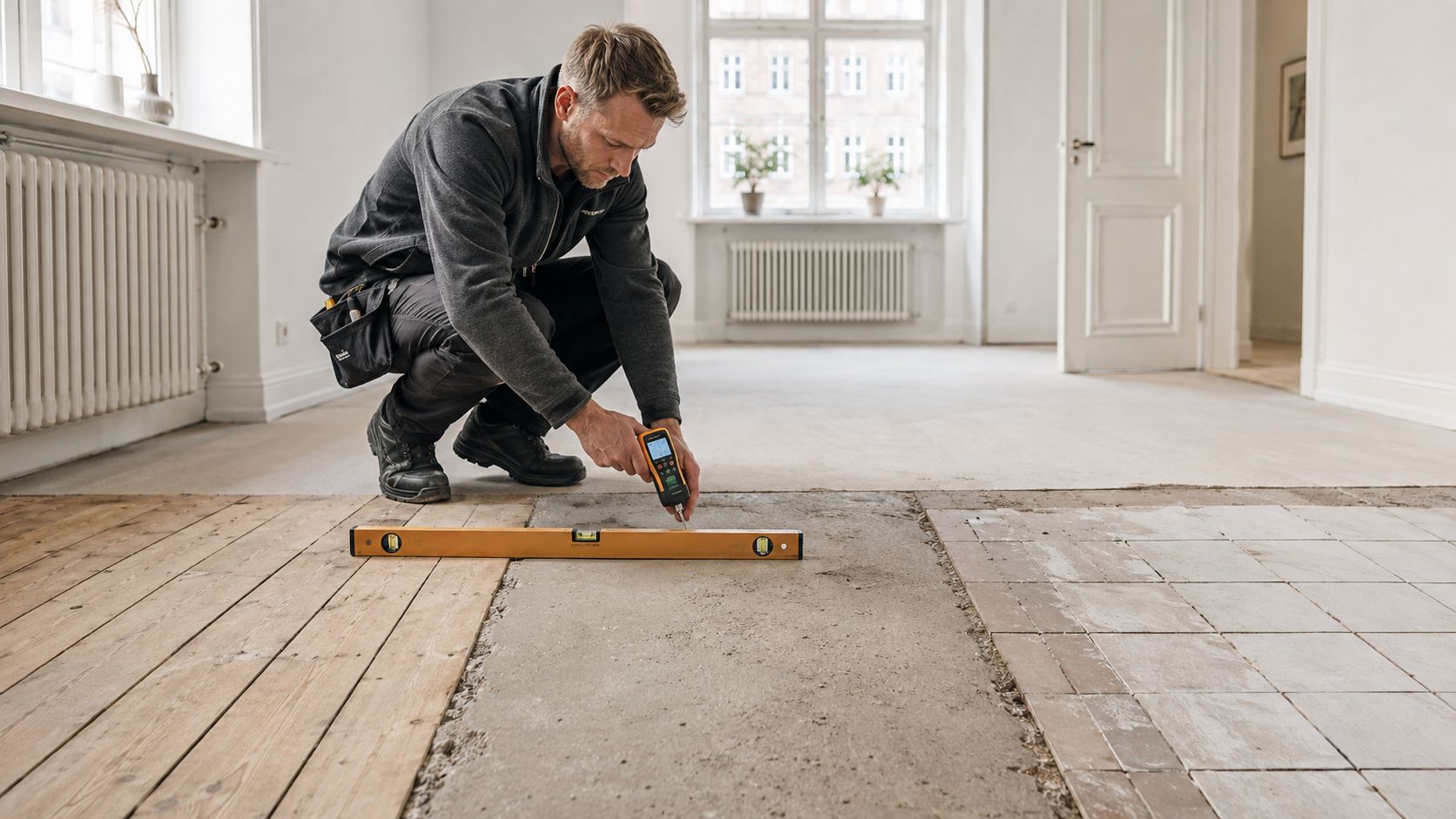 Håndværker der foretager fugtmåling og nivellering af et undergulv i forbindelse med professionel renovering af bolig