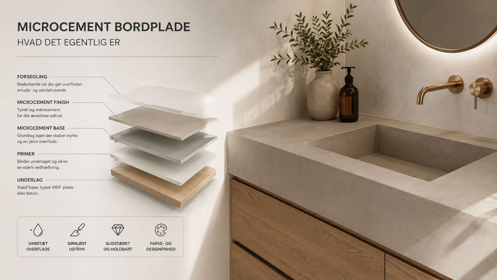 Illustration af lagopbygning i en microcement bordplade til badeværelset vist med tekstforklaringer og et moderne badeværelsesmiljø.