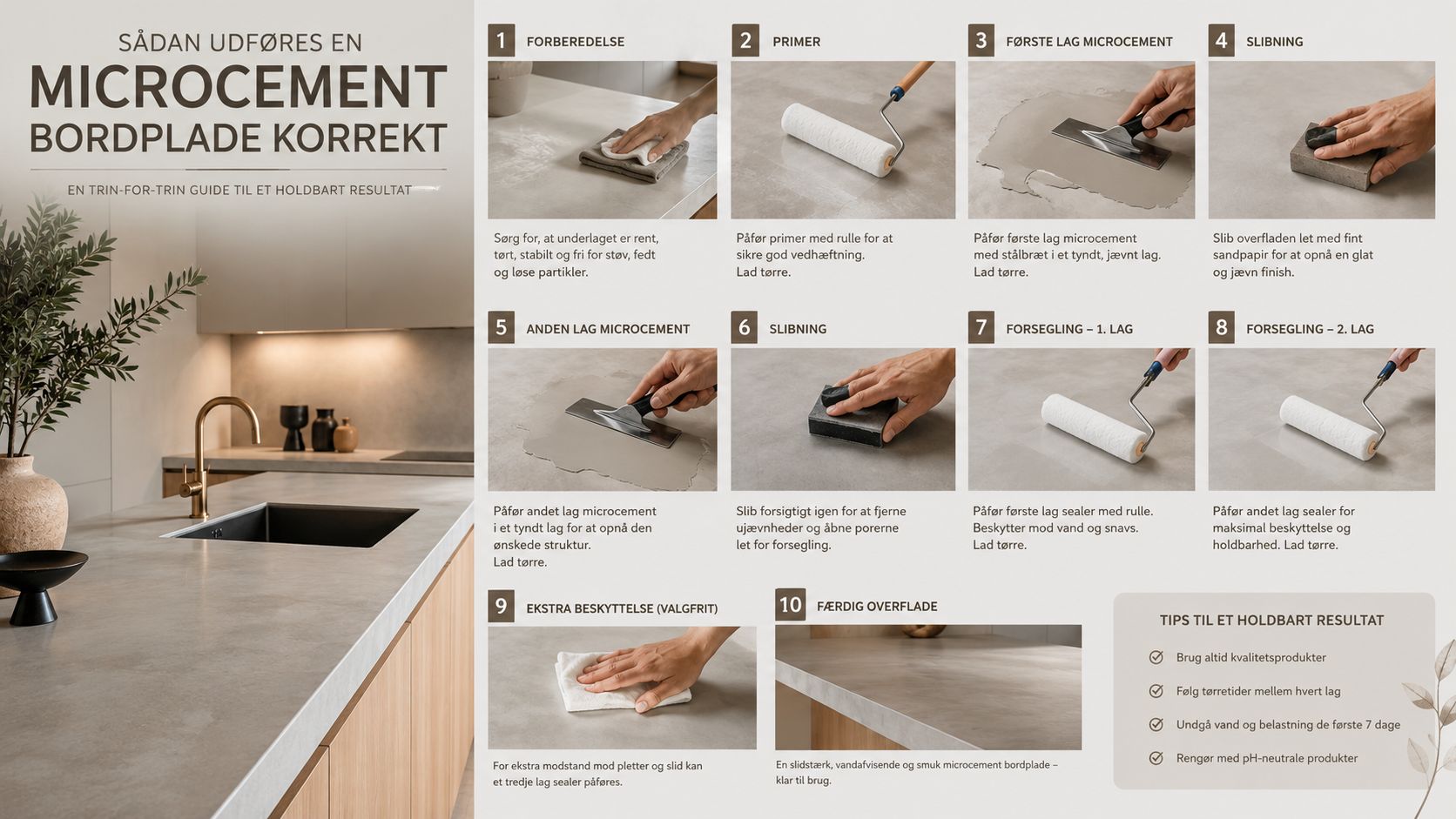 En trin-for-trin guide til korrekt påføring af microcement på en bordplade for et holdbart resultat.